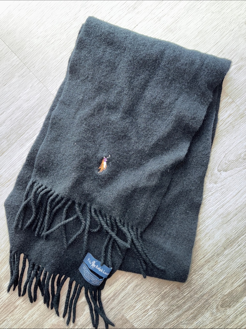 Polo by Ralph Lauren Dark Charcoal Wool Scarf with Polo Pony Embroidery